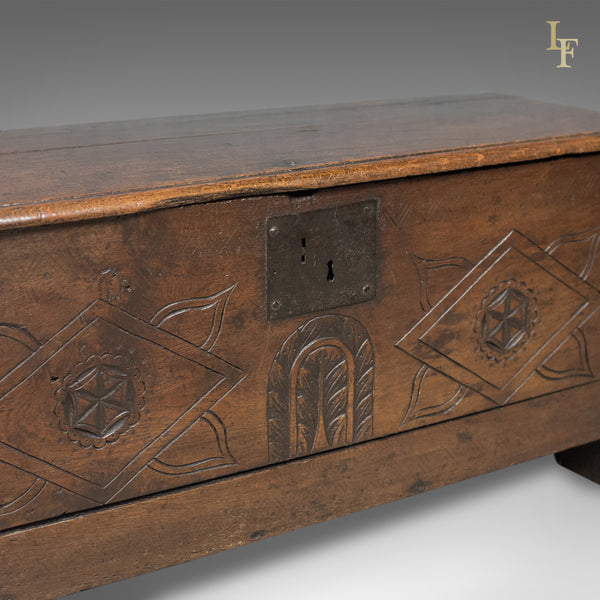 Antique Coffer, 6 Plank Sword Chest, English Oak, 17th Century c.1670 - London Fine Antiques