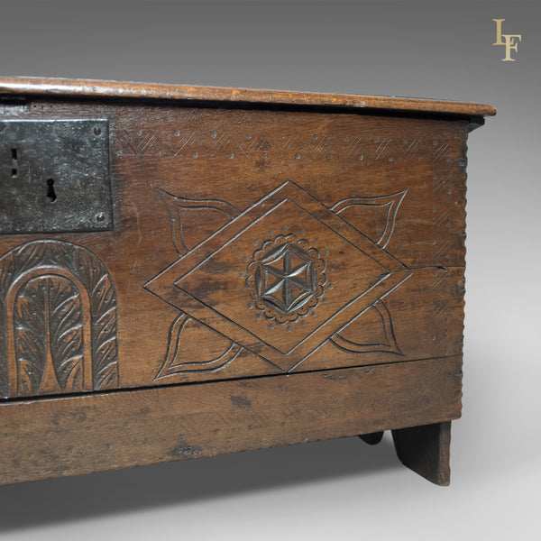 Antique Coffer, 6 Plank Sword Chest, English Oak, 17th Century c.1670 - London Fine Antiques