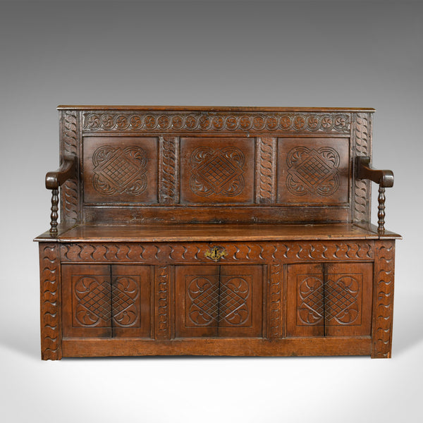 Antique Coffer Settle, English, Oak, Hall, Bench, Seat, Circa 1700 - London Fine Antiques