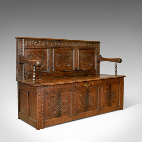 Antique Coffer Settle, English, Oak, Hall, Bench, Seat, Circa 1700 - London Fine Antiques