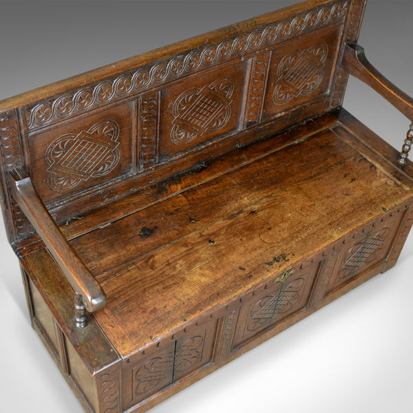 Antique Coffer Settle, English, Oak, Hall, Bench, Seat, Circa 1700 - London Fine Antiques