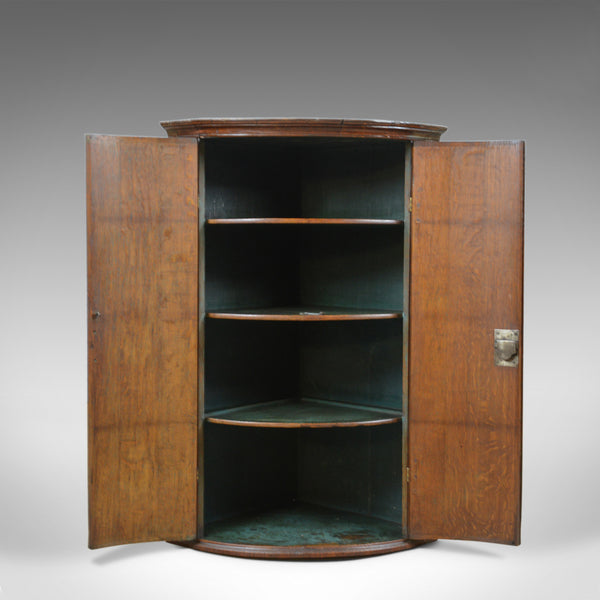 Antique Corner Cabinet, English, Georgian, Bow Fronted, Oak, Hanging, Circa 1780 - London Fine Antiques