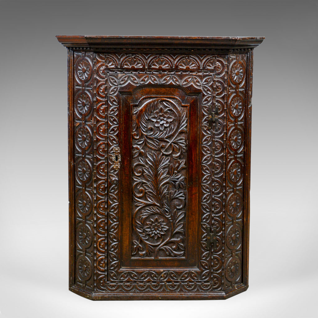 Antique Corner Cabinet, English, Georgian, Carved, Oak, Hanging Cupboard c.1760 - London Fine Antiques