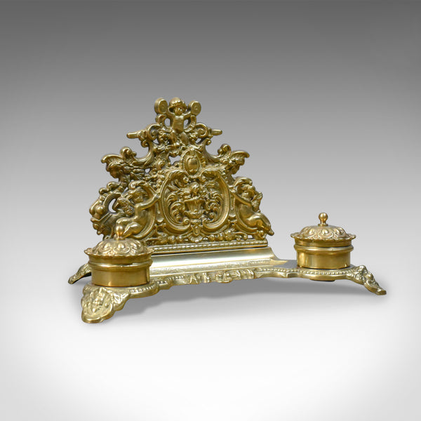Antique Desk Stand, English, Edwardian, Gilt Metal Letter Rack, Inkwells c.1910 - London Fine Antiques
