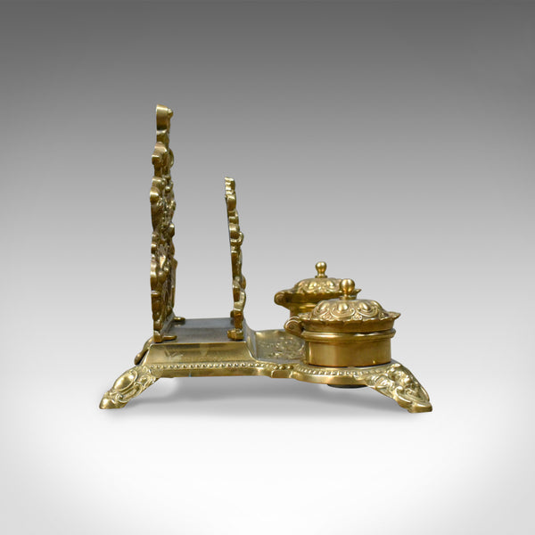 Antique Desk Stand, English, Edwardian, Gilt Metal Letter Rack, Inkwells c.1910 - London Fine Antiques