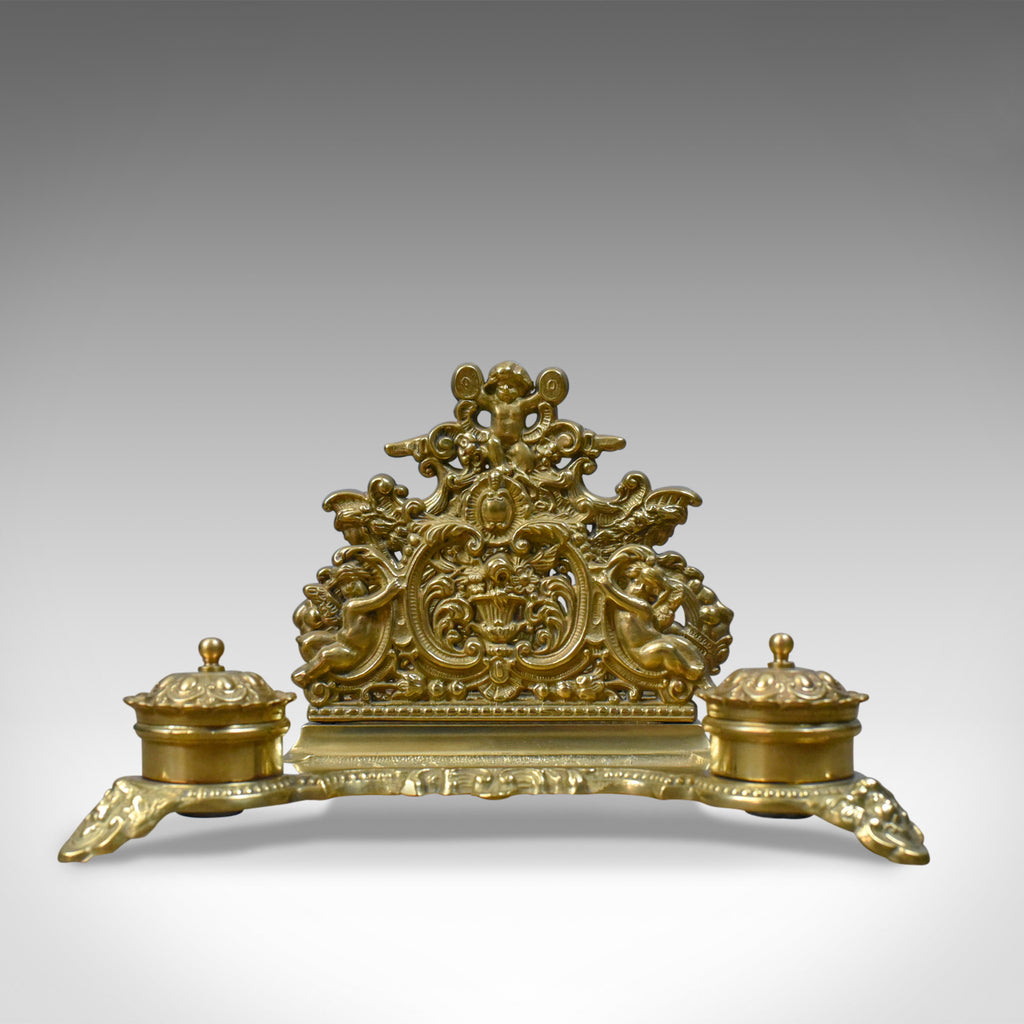Antique Desk Stand, English, Edwardian, Gilt Metal Letter Rack, Inkwells c.1910 - London Fine Antiques