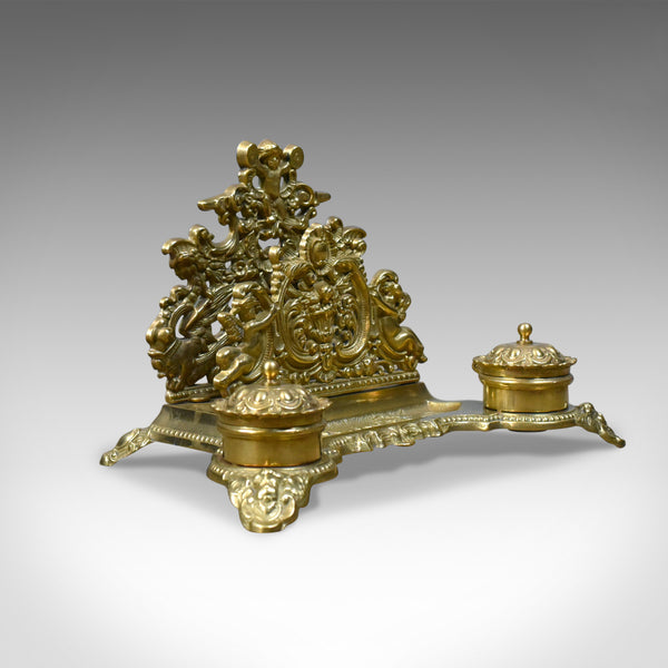 Antique Desk Stand, English, Edwardian, Gilt Metal Letter Rack, Inkwells c.1910 - London Fine Antiques