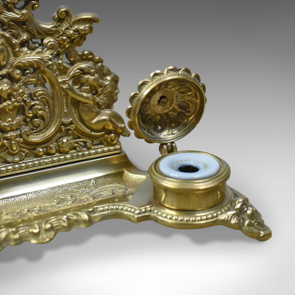 Antique Desk Stand, English, Edwardian, Gilt Metal Letter Rack, Inkwells c.1910 - London Fine Antiques