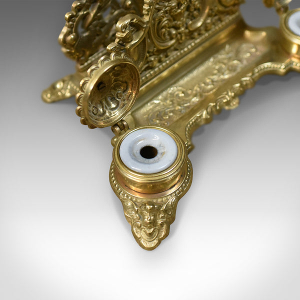 Antique Desk Stand, English, Edwardian, Gilt Metal Letter Rack, Inkwells c.1910 - London Fine Antiques