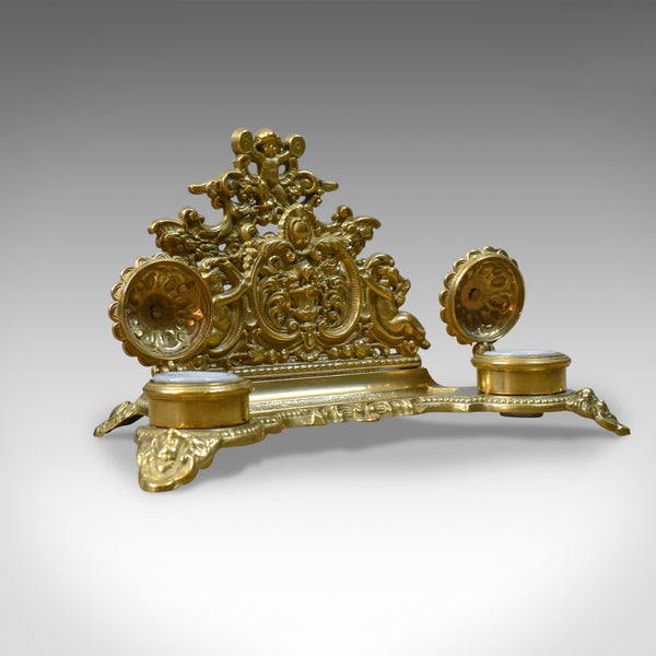 Antique Desk Stand, English, Edwardian, Gilt Metal Letter Rack, Inkwells c.1910 - London Fine Antiques