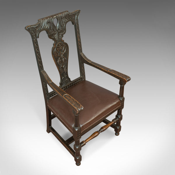 Antique Elbow Chair, Victorian, Oak, Leather, Carver, Armchair, Circa 1870 - London Fine Antiques