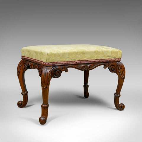 Antique Foot Stool, Mahogany, Damask Cloth, English, Victorian, Circa 1840 - London Fine Antiques