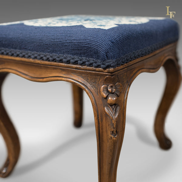 Antique Foot Stool in Walnut, Needlepoint Tapestry Cloth, English, Victorian c.1860 - London Fine Antiques