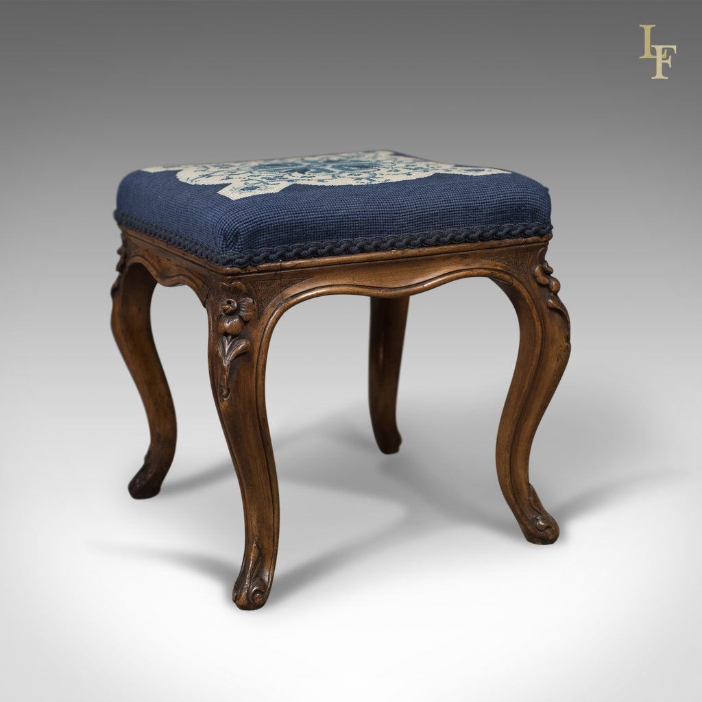 Antique Foot Stool in Walnut, Needlepoint Tapestry Cloth, English, Victorian c.1860 - London Fine Antiques