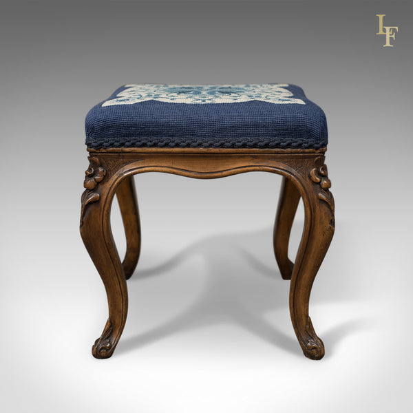 Antique Foot Stool in Walnut, Needlepoint Tapestry Cloth, English, Victorian c.1860 - London Fine Antiques