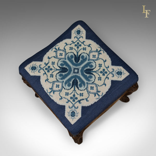 Antique Foot Stool in Walnut, Needlepoint Tapestry Cloth, English, Victorian c.1860 - London Fine Antiques