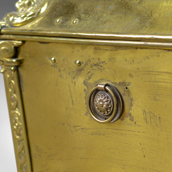 Antique Log Bin, Brass Fireside Storage Box, Victorian Fireplace Accessories - London Fine Antiques