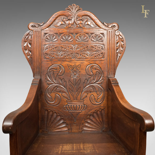 Antique Pair of Baronial Hall Chairs, English Oak Armchairs, c.1900 - London Fine Antiques