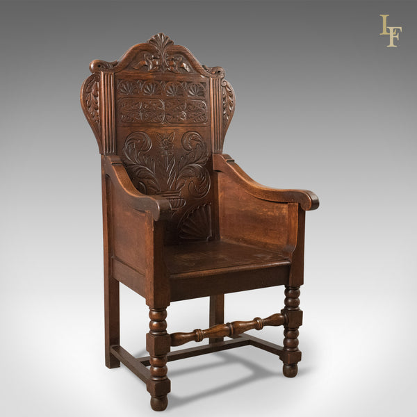 Antique Pair of Baronial Hall Chairs, English Oak Armchairs, c.1900 - London Fine Antiques