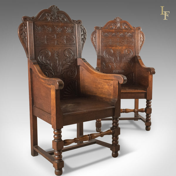 Antique Pair of Baronial Hall Chairs, English Oak Armchairs, c.1900 - London Fine Antiques
