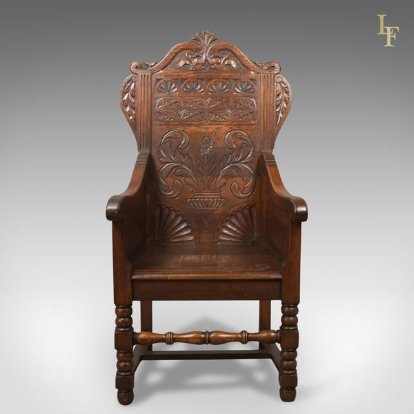 Antique Pair of Baronial Hall Chairs, English Oak Armchairs, c.1900 - London Fine Antiques