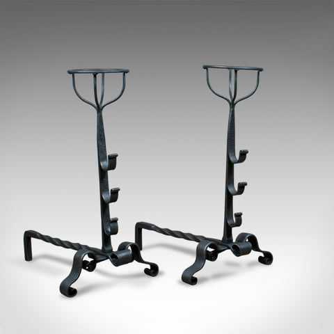 Antique Pair of Firedogs, English, Medieval Revival, Andirons, Forged Circa 1900 - London Fine Antiques