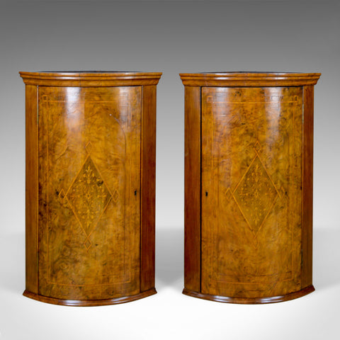 Antique Pair of Georgian Revival Corner Cabinets, English, Burr Walnut, c.1910 - London Fine Antiques