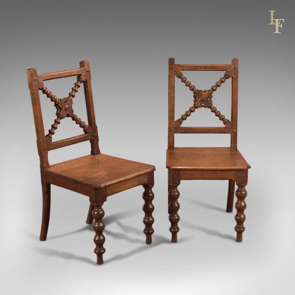 Late Victorian Pair of Oak Antique Hall Chairs - London Fine Antiques