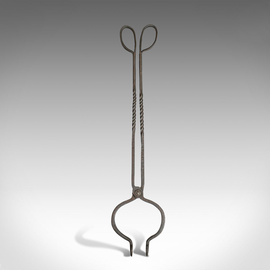 Antique Pair of Large Fire Tongs, Georgian, Hand Forged Iron, Stirrup circa 1800 - London Fine Antiques