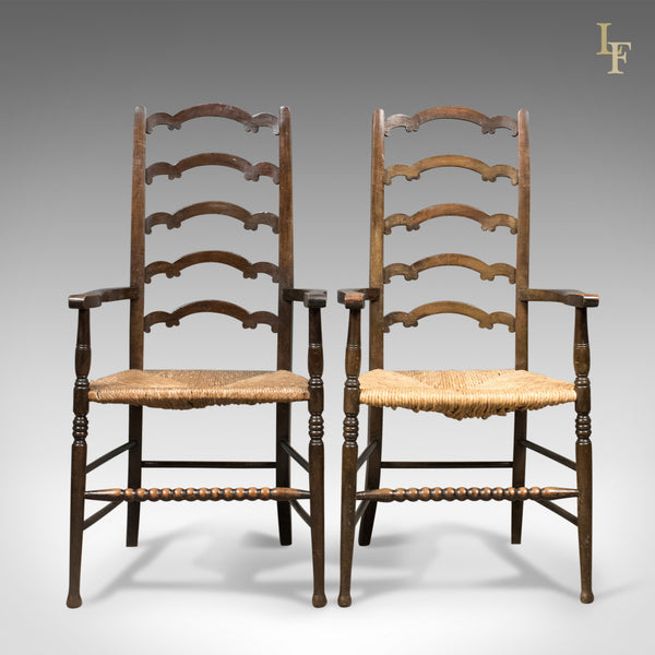 Antique Pair of Wavy Line Ladderback Elbow Chairs, Edwardian Dining c.1910 - London Fine Antiques