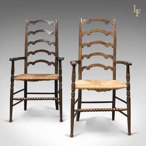 Antique Pair of Wavy Line Ladderback Elbow Chairs, Edwardian Dining c.1910 - London Fine Antiques