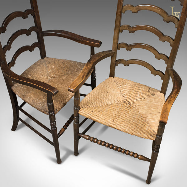 Antique Pair of Wavy Line Ladderback Elbow Chairs, Edwardian Dining c.1910 - London Fine Antiques