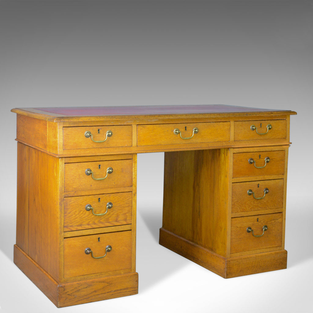 Antique Pedestal Desk, English, Victorian, Golden Oak, Single, Leather, c.1890 - London Fine Antiques