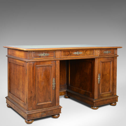 Antique Pedestal Desk, French, 19th Century, Walnut, Leather Top, Circa 1880 - London Fine Antiques