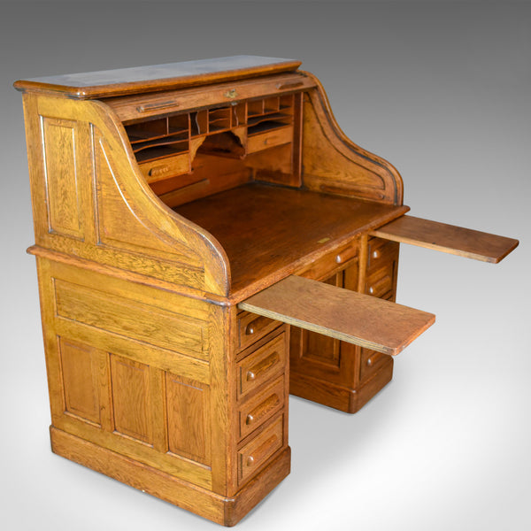 Antique Roll Top Desk, English, Oak, Victorian, Lock, Tambour, Circa 1900 - London Fine Antiques