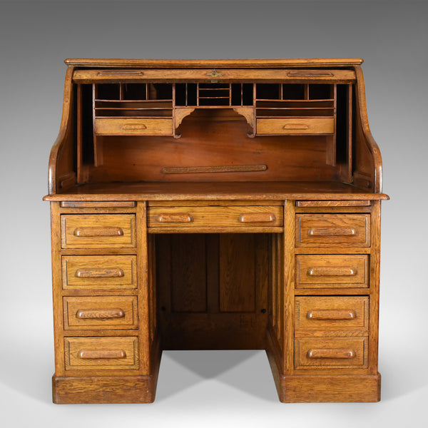 Antique Roll Top Desk, English, Oak, Victorian, Lock, Tambour, Circa 1900 - London Fine Antiques