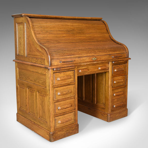 Antique Roll Top Desk, English, Oak, Victorian, Lock, Tambour, Circa 1900 - London Fine Antiques