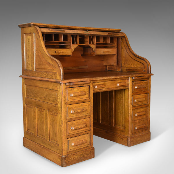 Antique Roll Top Desk, English, Oak, Victorian, Lock, Tambour, Circa 1900 - London Fine Antiques