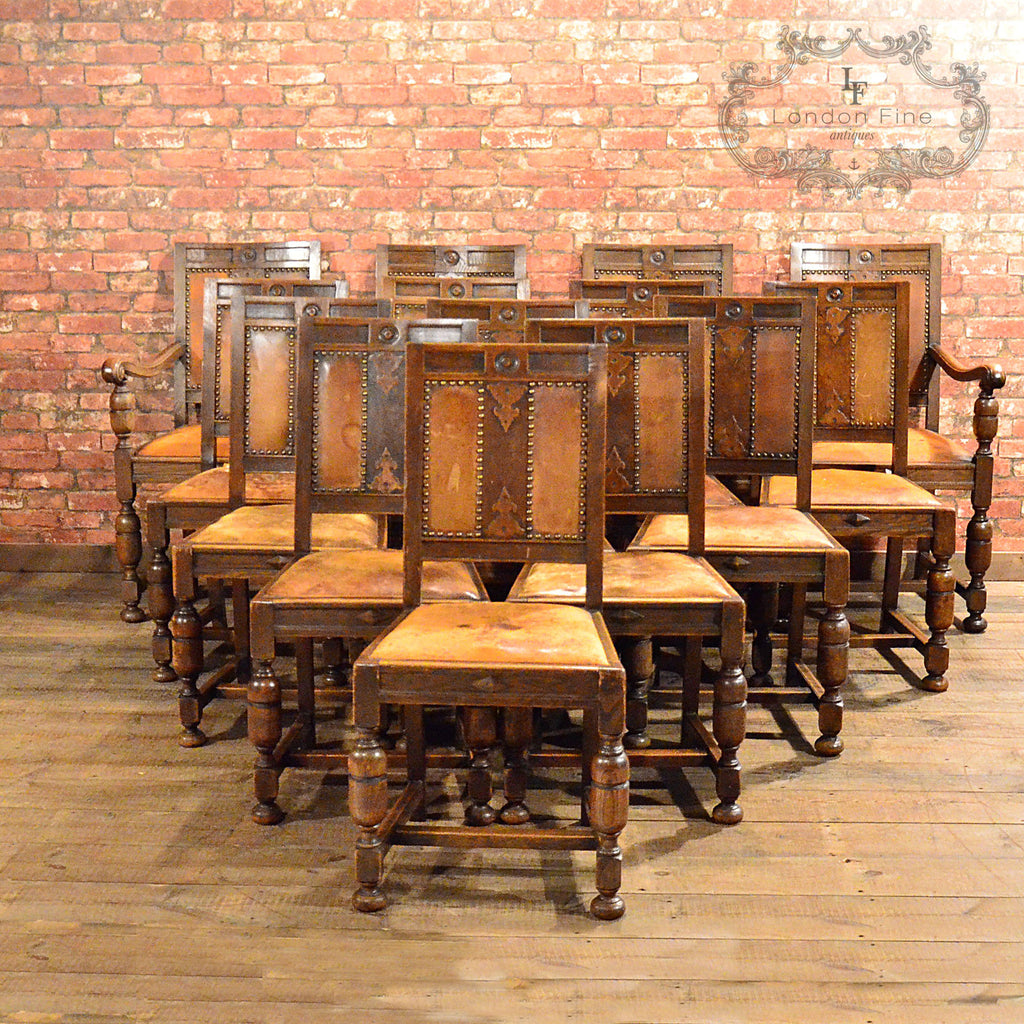 Set of 14 Gothic Revival Oak Dining Chairs - London Fine Antiques