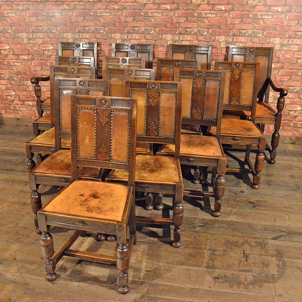 Set of 14 Gothic Revival Oak Dining Chairs - London Fine Antiques