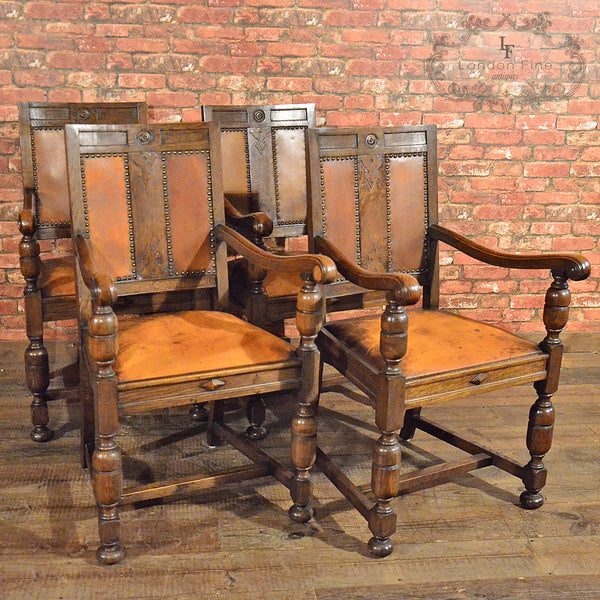 Set of 14 Gothic Revival Oak Dining Chairs - London Fine Antiques