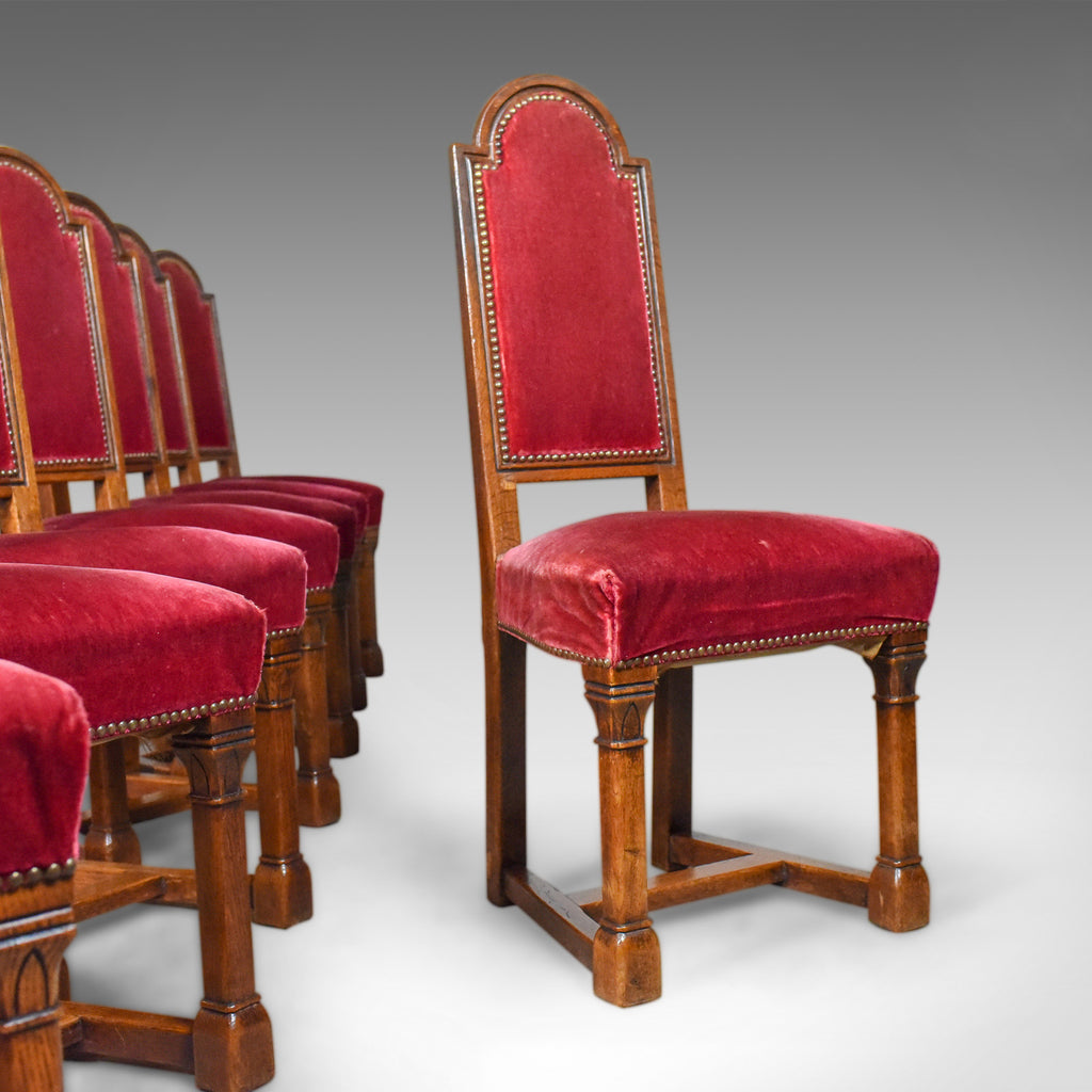 Antique Set of Eight Dining Chairs, English Oak, Red, Victorian Gothic c1860 - London Fine Antiques
