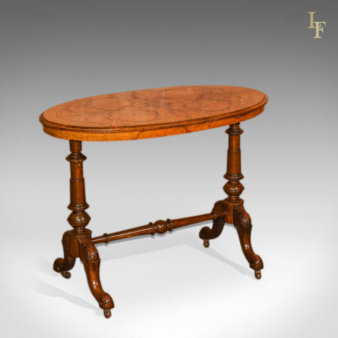 Victorian Burr Walnut Antique Stretcher Table, c.1850 - London Fine Antiques