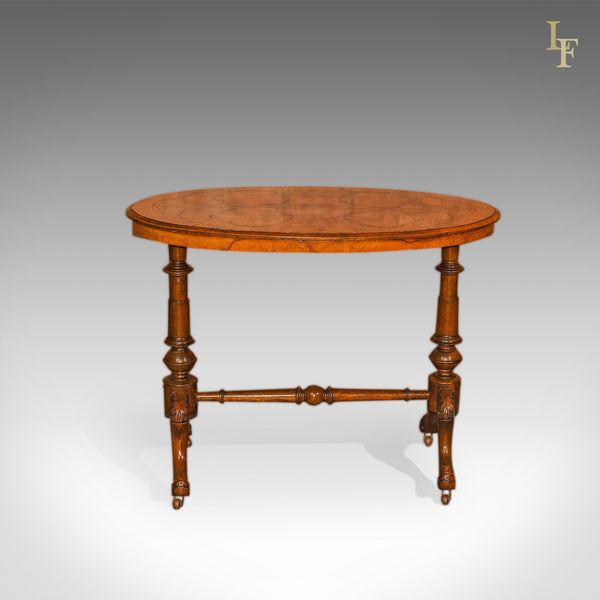 Victorian Burr Walnut Antique Stretcher Table, c.1850 - London Fine Antiques