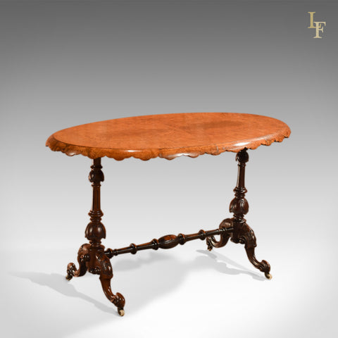 Antique Stretcher Table, Victorian Burr Walnut c.1860 - London Fine Antiques