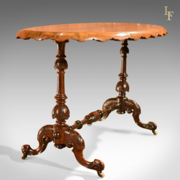 Antique Stretcher Table, Victorian Burr Walnut c.1860 - London Fine Antiques