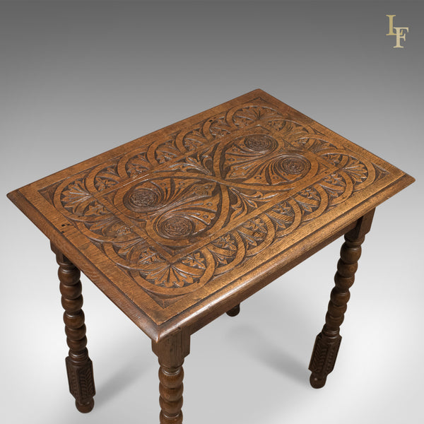 Antique Side Table with Carved Decoration, English Oak, 1908 - London Fine Antiques