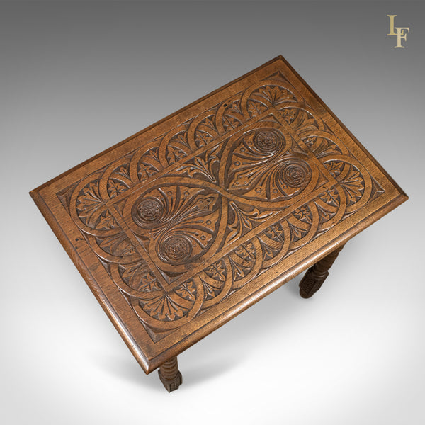 Antique Side Table with Carved Decoration, English Oak, 1908 - London Fine Antiques