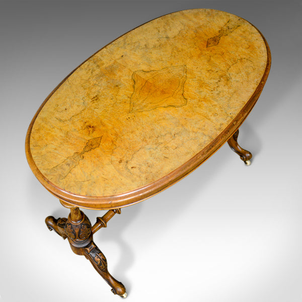 Antique Stretcher Table, Burr Walnut, English, Victorian, Oval, Side, Tea, c1860 - London Fine Antiques