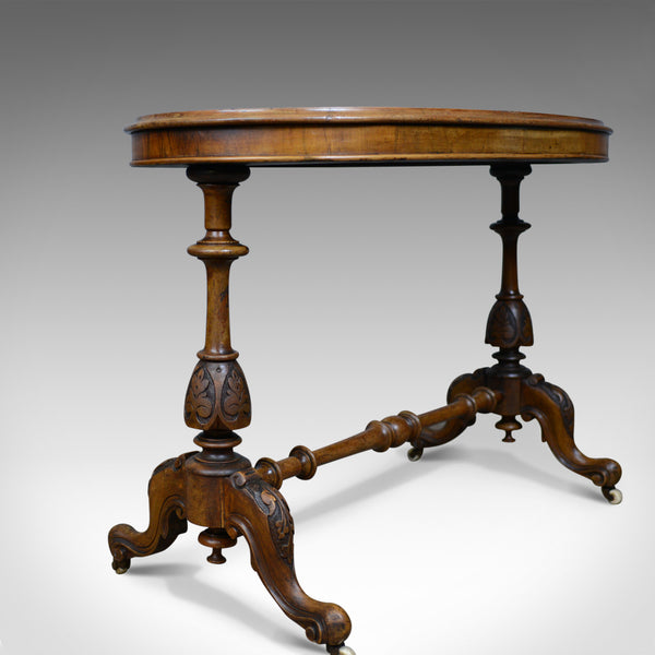 Antique Stretcher Table, Burr Walnut, English, Victorian, Oval, Side, Tea, c1860 - London Fine Antiques